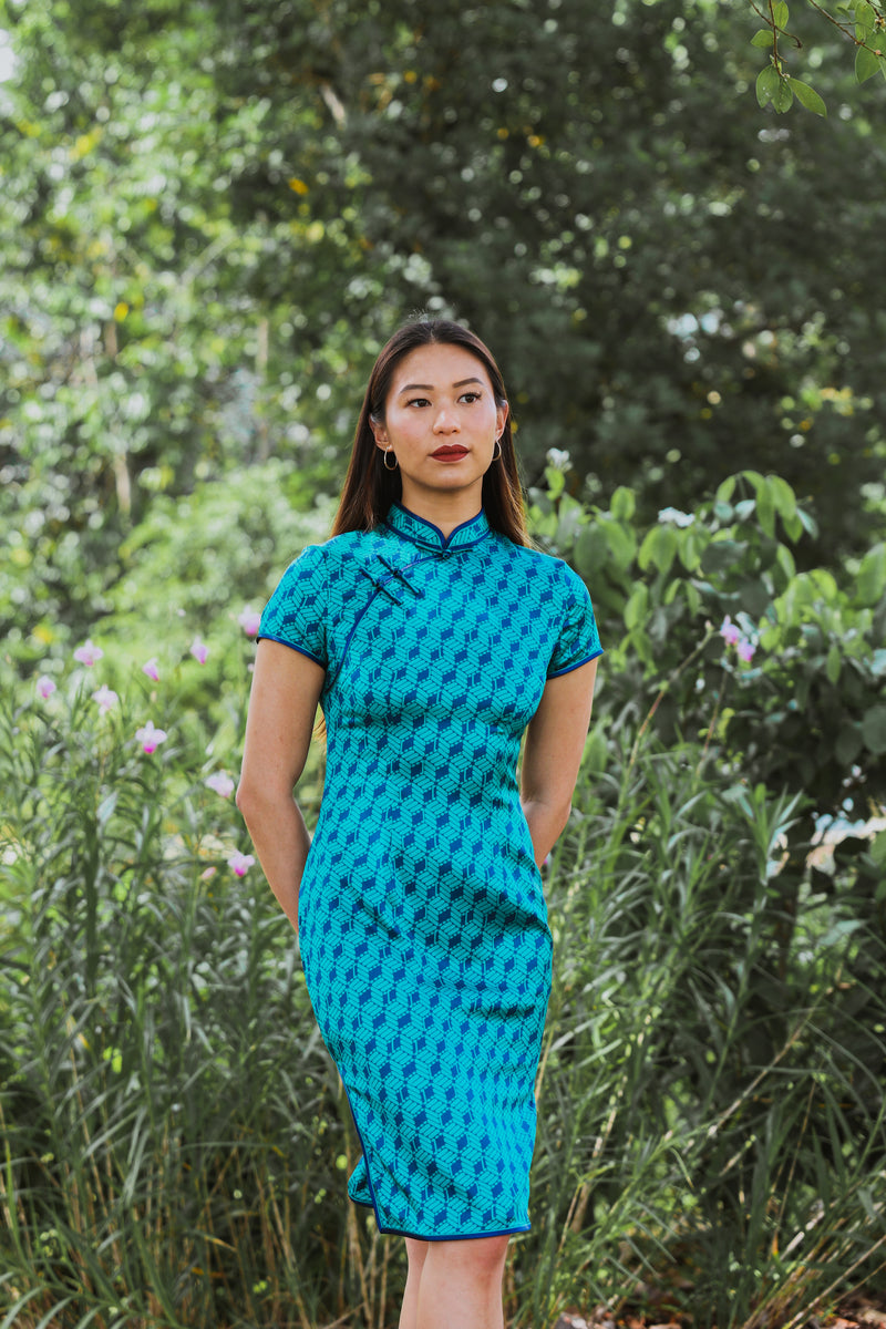 buy-cloth-ier-navy-turquoise-check-100-silk-classic-cap-sleeve-qipao