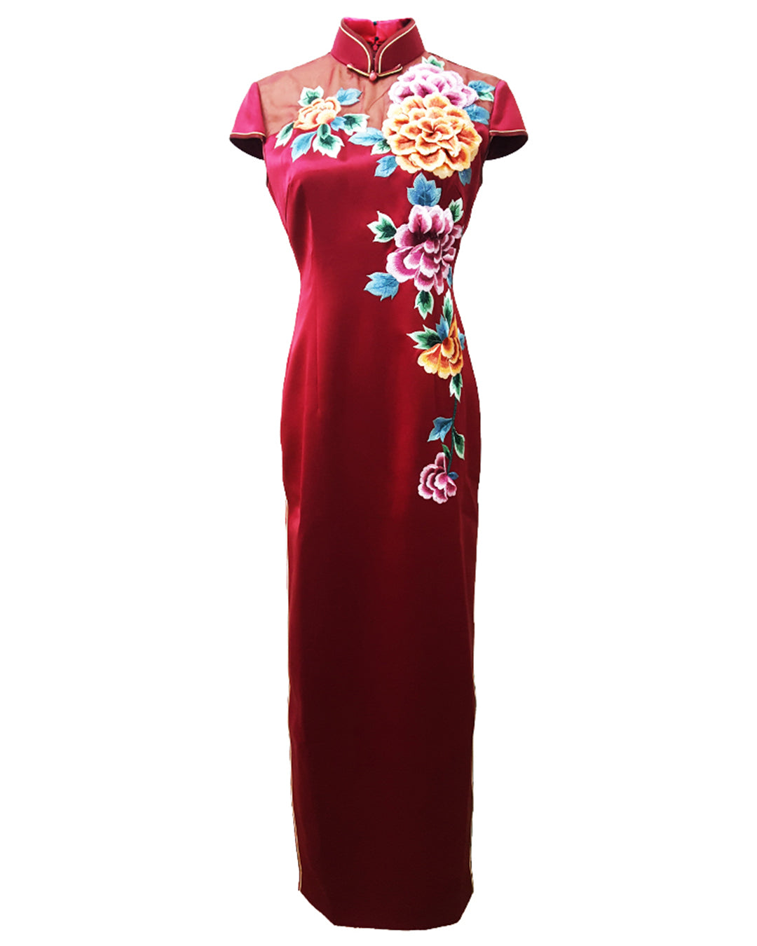 Long 3D-Embroidered Satin Qipao