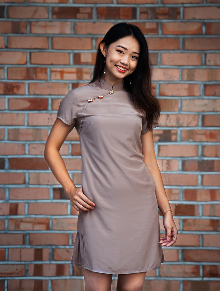 Sand Short Sleeve Cheongsam Dress - Main Image
