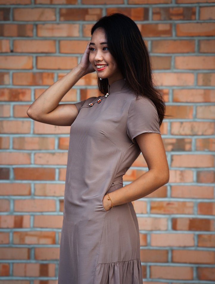 Sand Short Sleeve Cheongsam Dress