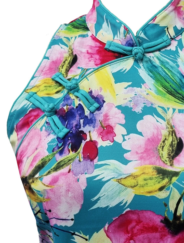 Floral Cut-In Sleeve Cotton Qipao