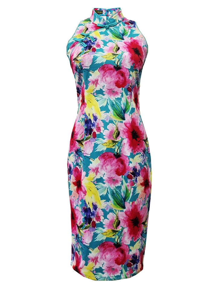 Floral Cut-In Sleeve Cotton Qipao