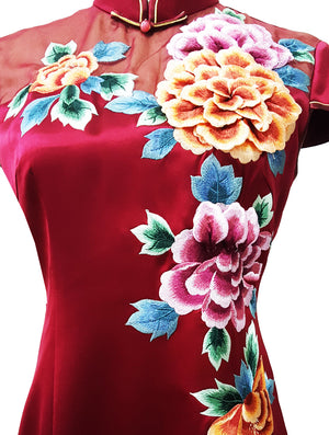 Long 3D-Embroidered Satin Qipao