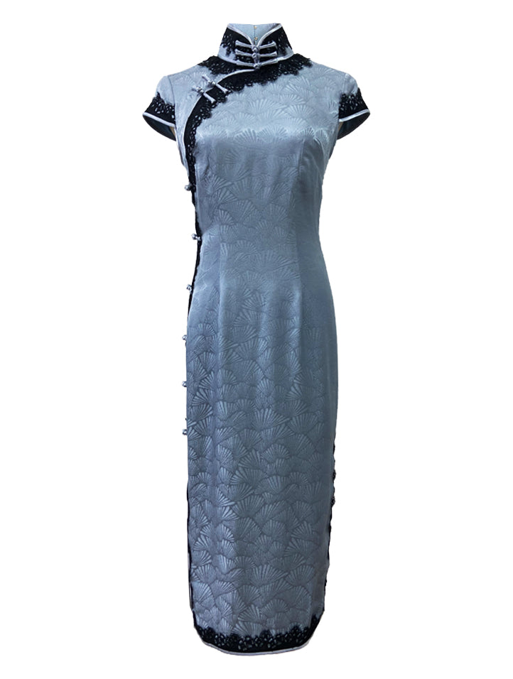 Mid-Length Lace Trim Silk Qipao