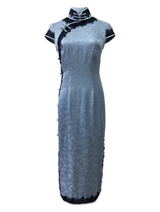 Mid-Length Lace Trim Silk Qipao