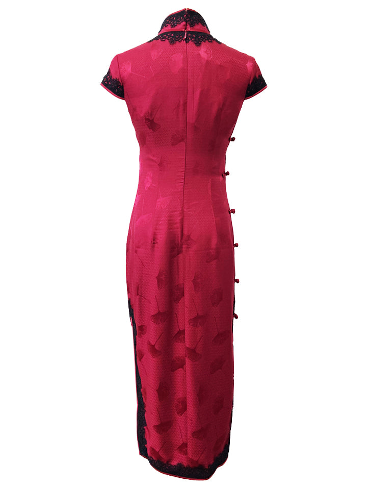 Mid-Length Lace Trim Silk Qipao