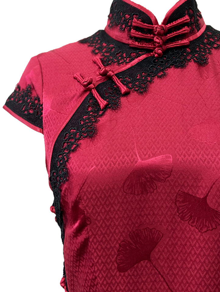 Mid-Length Lace Trim Silk Qipao