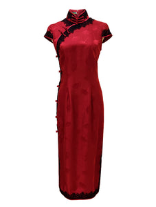Mid-Length Lace Trim Silk Qipao