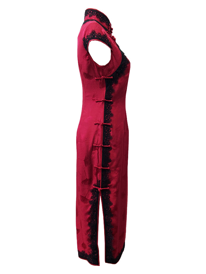 Mid-Length Lace Trim Silk Qipao