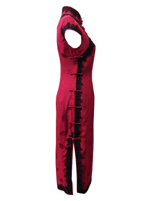 Mid-Length Lace Trim Silk Qipao